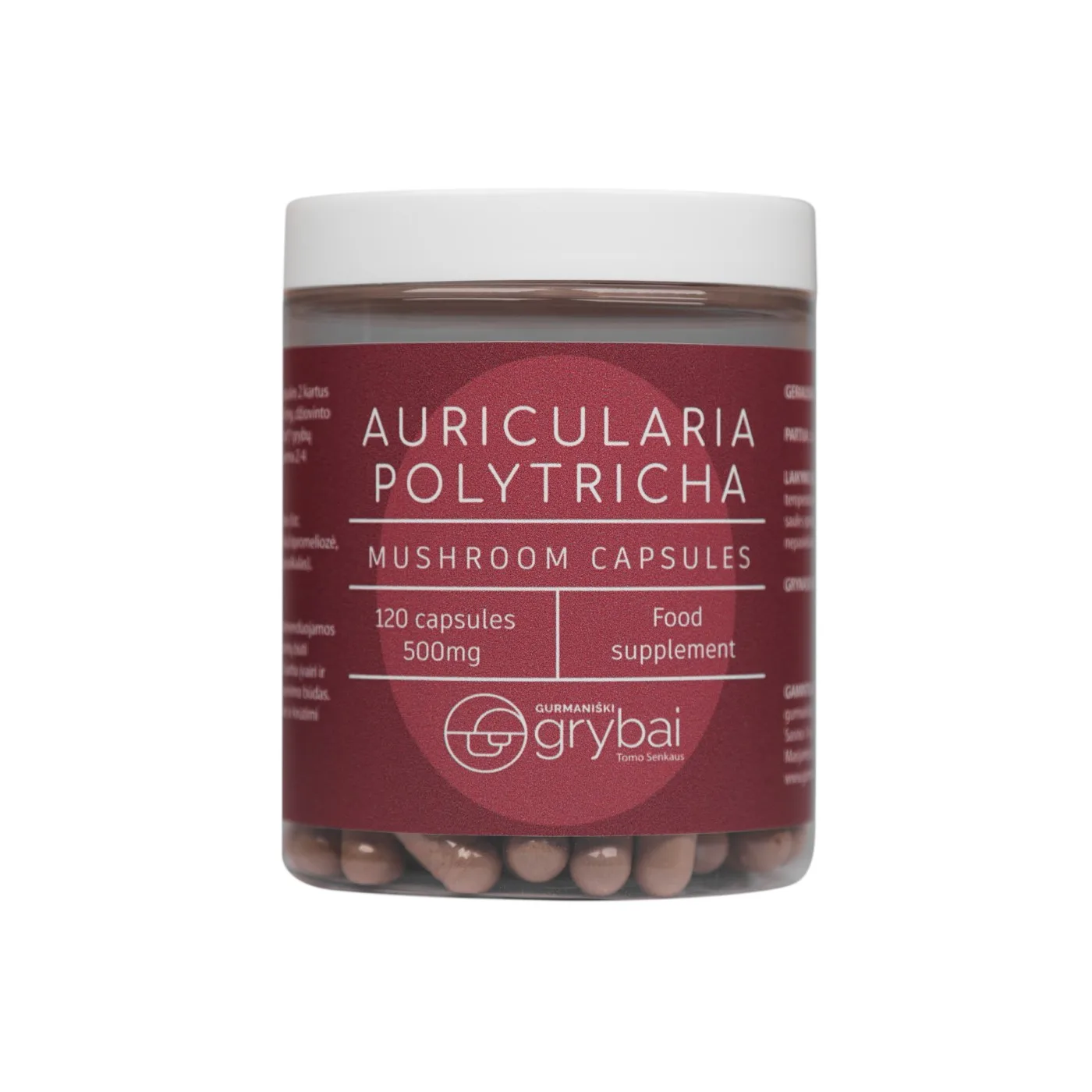 Ausiagrybio grybų miltelių kapsulės (Lt. Ausiagrybis / Lot. Auricularia polytricha) - Maisto papildas