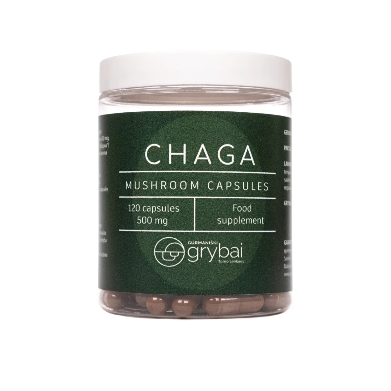 Chaga grybų miltelių kapsulės (Lt. Įžulnusis skylenis / Ang. Chaga mushroom / Lot. Inonotus obliquus) - Maisto papildas